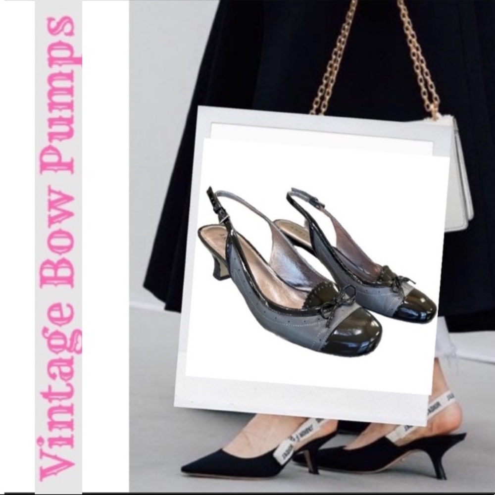 Vintage Bow Pumps Cap Toe Sling Back Pump Array Monica Gray Black Retro